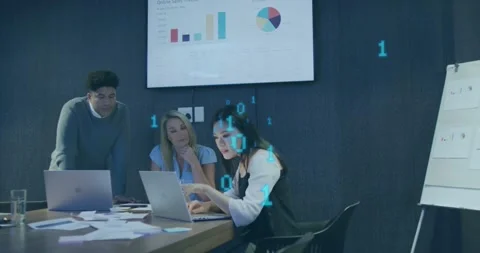 Animation of binary codes over diverse coworkers discussing reports on laptop in Stock Footage 329864406