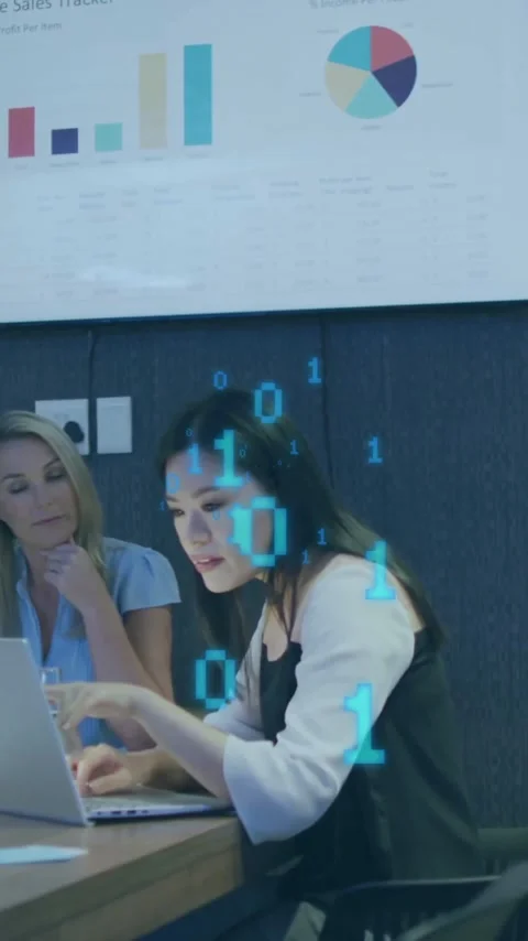 Animation of binary codes over diverse coworkers discussing reports on laptop in Stock Footage 343718853