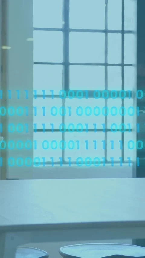 Animation of binary codes over diverse coworkers discussing while using laptop Stockbeeldmateriaal 344679473