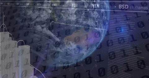 Animation of binary codes over graphs and currency names against globe in Stock Footage 310978075