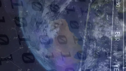 Animation of binary codes over graphs and currency names against globe in Stock Footage 313038635