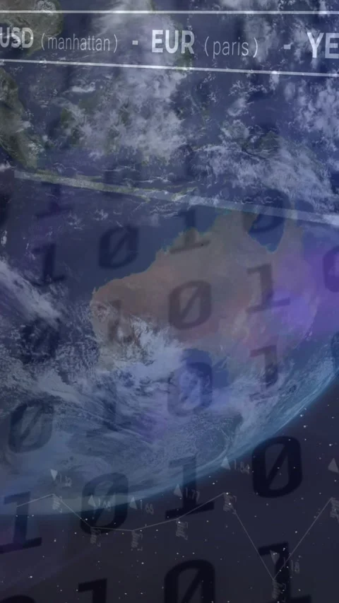 Animation of binary codes over graphs and currency names against globe in Stock Footage 321441109