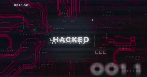 Animation of binary codes over hacked text in circuit board pattern against Stock Footage 235488196