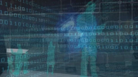 Animation of binary codes over human representation against server room in Stock Footage 246533446