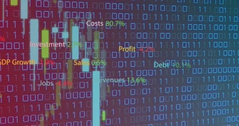 Animation of binary codes over multiple text with numbers and percentile symbols Stock Footage 330254701
