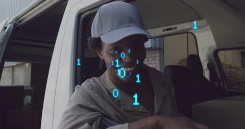 Animation of binary codes over smiling african american woman sitting in vehicle Stock Footage 236727065