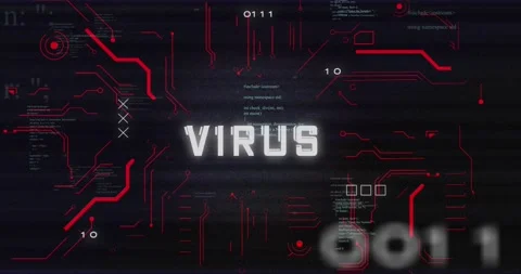 Animation of binary codes over virus text in circuit board pattern against Stock Footage 235488207