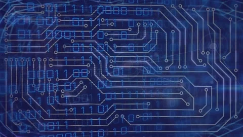 Animation of binary codes processing with connecting dots, hud elements on Stock Footage 205113753