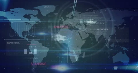 Animation of binary codes, profile icons, graphs, programming language over map Stock Footage 315837817