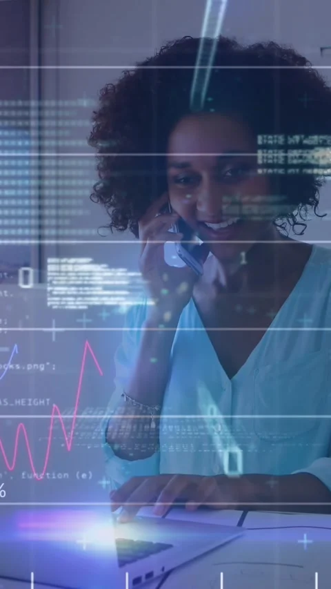 Animation of binary codes, programming language, graphs, african american woman 스톡 동영상 344283908