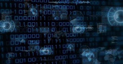 Animation of binary codes, radars, maps, globes and computer language over black 動画素材 250591784