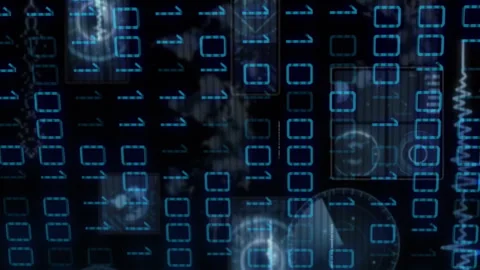 Animation of binary codes, radars, maps, globes and computer language over black Stock Footage 312442631
