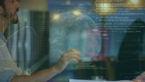 Animation of binary codes, trading board, globe over dice on caucasian man Stock Footage 327711397