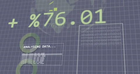 Animation of binary codes, trading board, loading circles, rotating globe over Stock Footage 328408538