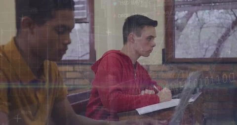 Animation of binary codes, trading board over diverse male students writing in Stock Footage 329924239