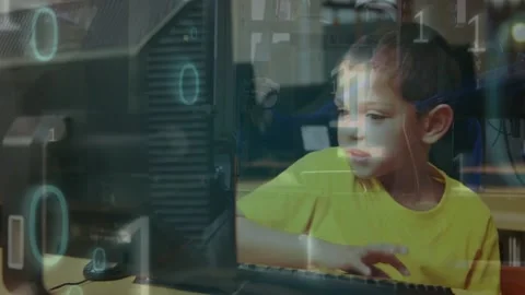 Animation of binary coding against caucasian boy using computer at school Stock Footage 203882189