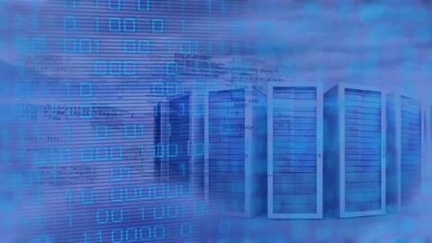Animation of binary coding against computer servers in the sky Stock Footage 327280463