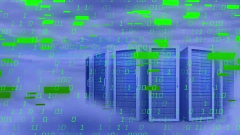 Animation of binary coding against computer servers in the sky 動画素材 329509525