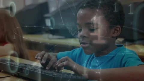Animation of binary coding against portrait of african american boy using Stock Footage 327709831