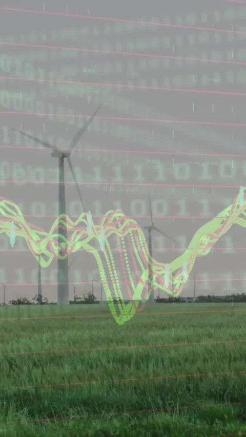 Animation of binary coding and against spinning windmills on grassland 库存影片 344706233