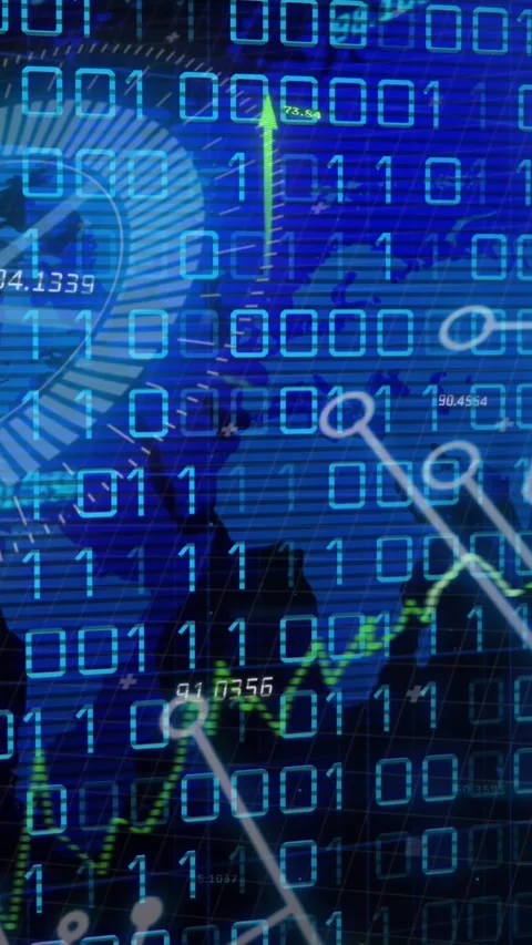 Animation of binary coding and arrow moving upwards against world and data Stock Footage 321853150