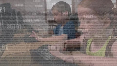 Animation of binary coding and changing numbers over caucasian girl using Stock Footage 203883655