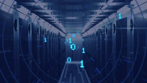 Animation of binary coding and circles over server room Stock Footage 172489250