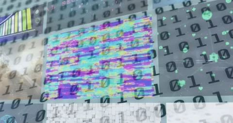 Animation of binary coding and data processing on screens Video stock 163997879