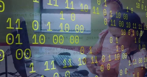 Animation of binary coding and data processing against two diverse girls using Stock Footage 203872656