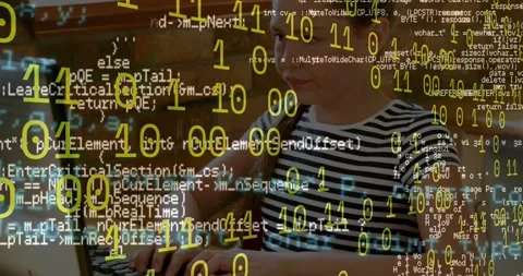 Animation of binary coding and data processing against caucasian girl using Stock Footage 203872672