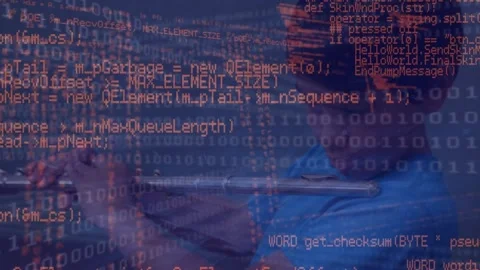 Animation of binary coding and data processing over indian boy playing flute at 库存影片 203883643