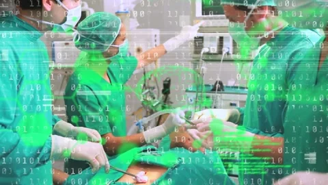 Animation of binary coding and data processing over diverse surgeons in Stock Footage 220378043