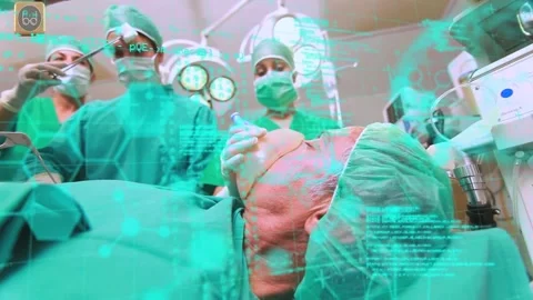 Animation of binary coding and data processing over diverse surgeons in Stock Footage 220378046
