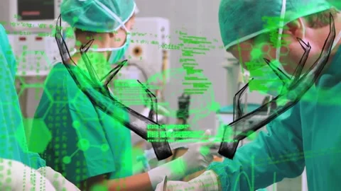 Animation of binary coding and data processing over diverse surgeons in Stock Footage 220378080