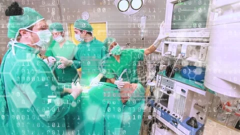 Animation of binary coding and data processing over diverse surgeons in Stock Footage 220378099