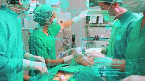 Animation of binary coding and data processing over diverse surgeons in Stock Footage 220378110