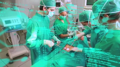 Animation of binary coding and data processing over diverse surgeons in Stock Footage 220378124