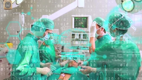 Animation of binary coding and data processing over diverse surgeons in Stock Footage 220378136