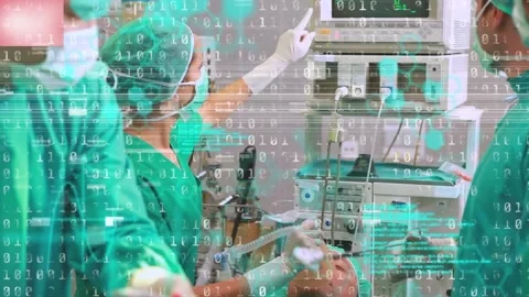 Animation of binary coding and data processing over diverse surgeons in Stock Footage 220378146