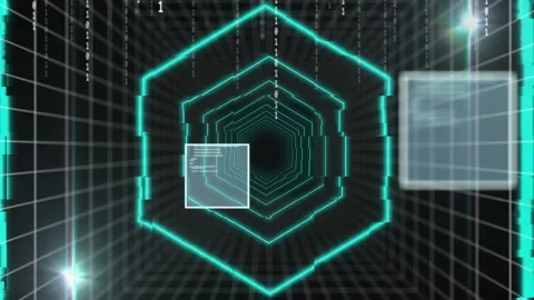 Animation of binary coding and data processing over grid Stock Footage 239685064