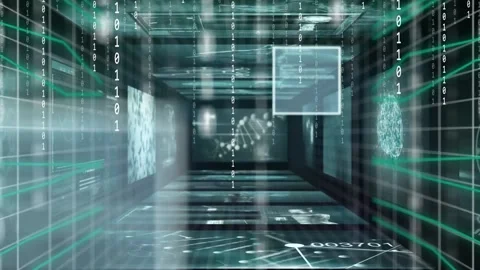 Animation of binary coding and data processing over screens Stock Footage 239685071