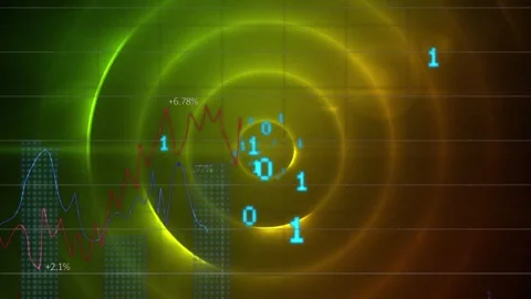 Animation of binary coding and data processing over green circles Stock Footage 245545953