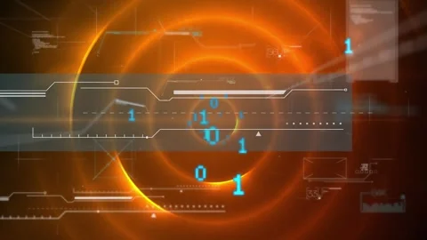 Animation of binary coding and data processing over orange circles Stock Footage 245545971