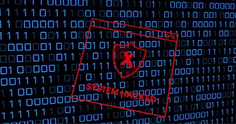 Animation of binary coding and data processing over system hacked text Stock Footage 265551517