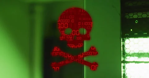 Animation of binary coding and data processing over skull and bones by computer Stock Footage 265564678