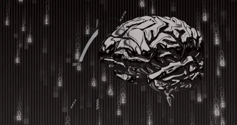 Animation of binary coding and data processing with human brain over black Stock-Footage 307815798