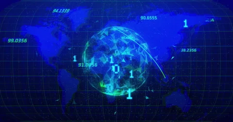 Animation of binary coding and data processing over globe and world map Stock Footage 307895675