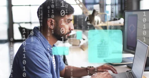 Animation of binary coding and data processing over businessman in office Stock Footage 310303531