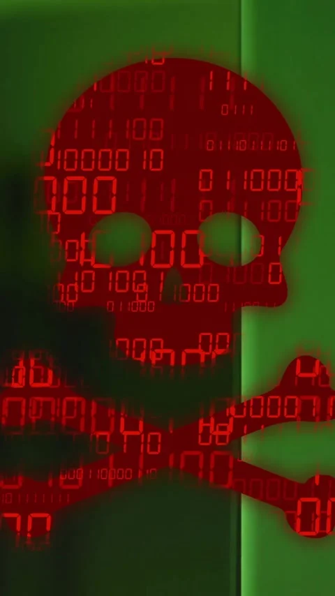 Animation of binary coding and data processing over skull and bones by computer Stock Footage 320590277