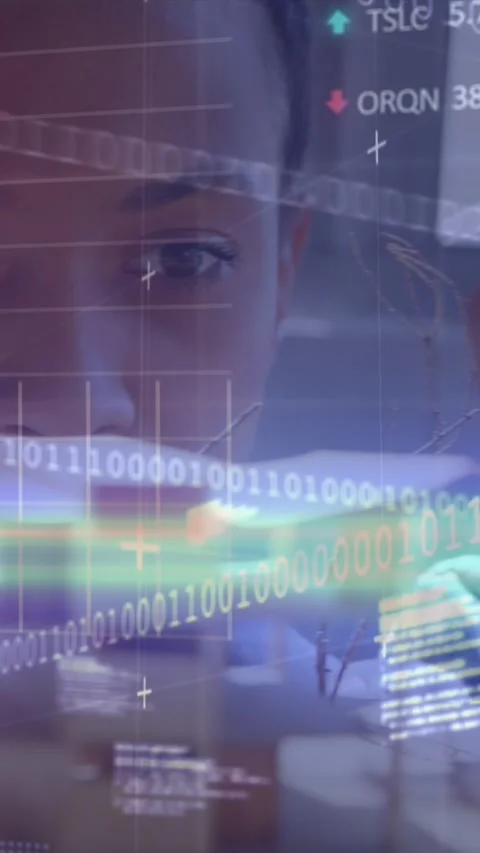 Animation of binary coding and data processing over businesswoman in office Stock Footage 322955668